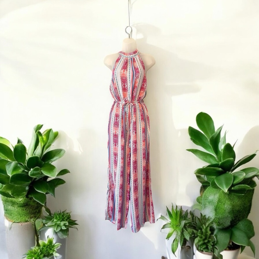 Savanna Jane Multicolor Halter Wide Leg Jumpsuit Romper Boho Aztec Print SMALL